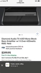 Diamond Audio Tx 4001 Mono Block Bass Amplifier W/ Over 400WATTS Rms New. Fixed Price $275.00.