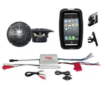 Pyle Bike Bicycle Marine Ipod Input Amplifier, Black Round Speakers, Phone Case. Fixed Price $95.49.