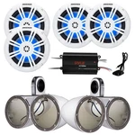 Kicker White Dual Tower Enclosures, 4X 6.5" Led Boat Speakers, Amplifier. Fixed Price $639.97.